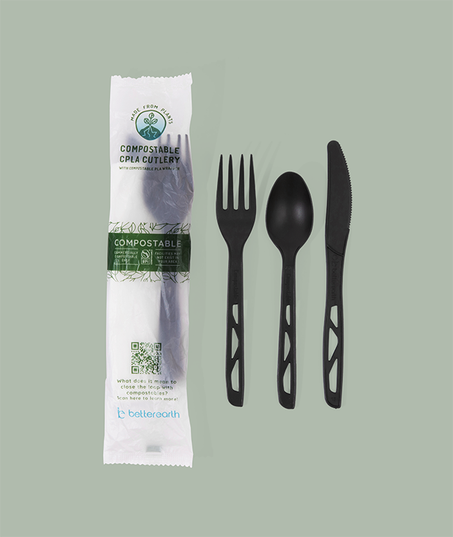 Cutlery Kit, Medium Weight, Fork, Knife, Spoon, Napkin, CPLA, Compostable – Black 500/Case