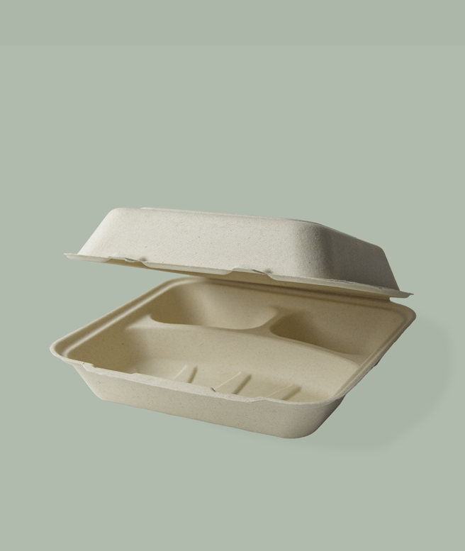 8″ x 8″ 3-Compartment Farmer’s Fiber® Collection Compostable Clamshell, 200/cs