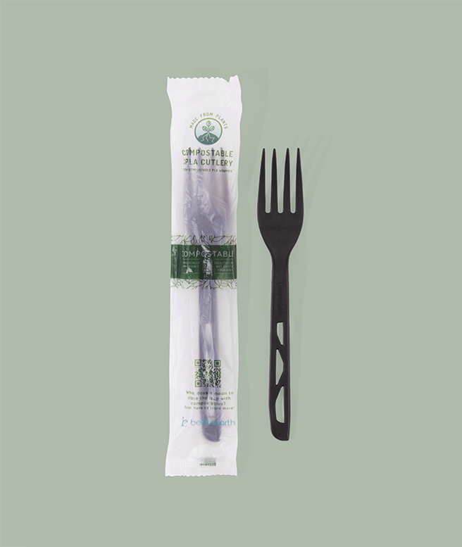 Fork,  Medium Weight Black – Individually Wrapped CPLA Compostable Cutlery 1000/Case