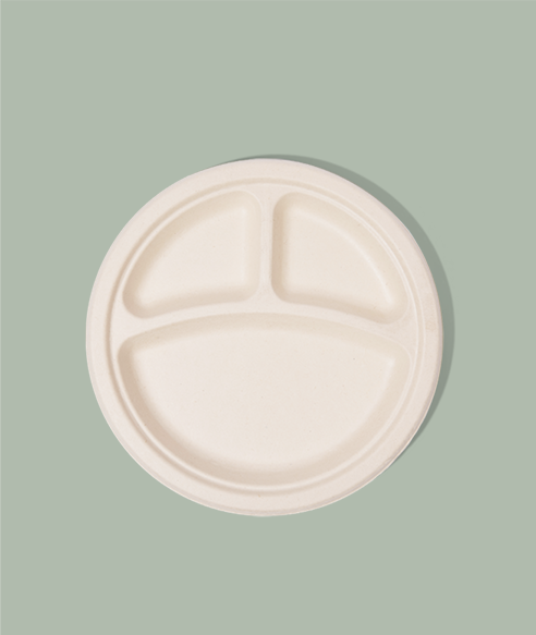 9″ 3-Compartment Compostable Round Fiber Plate, PFAS FREE Clarion Collection, 500/Case