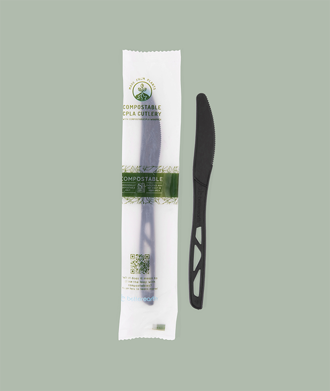 Knife,  Medium Weight Black – Individually Wrapped CPLA Compostable Cutlery 1000/case