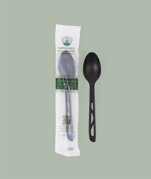 Spoon,  Medium Weight Black – Individually Wrapped CPLA Compostable Cutlery 1000/Case