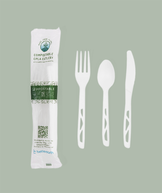 Cutlery Kit, Medium Weight, Fork, Knife, Spoon, Napkin, CPLA, Compostable – White 500/Case