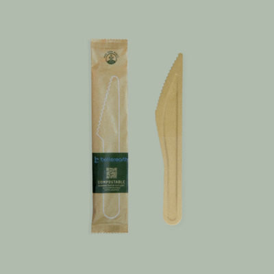 Knife, 6″ – Individually Wrapped Compostable Cutlery (Natural Colored Cutlery & Wrapper), Coated Bamboo Paper
