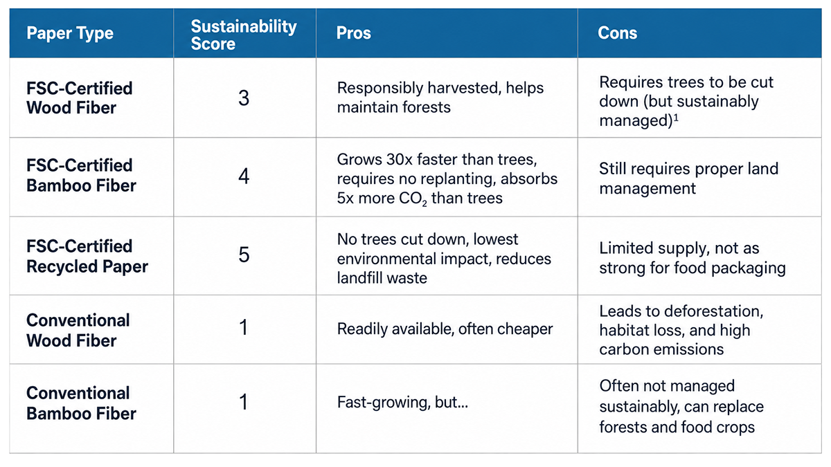 Table comparing paper types: FSC wood, bamboo, recycled, conventional wood and bamboo fiber with sustainability scores, pros, and cons.